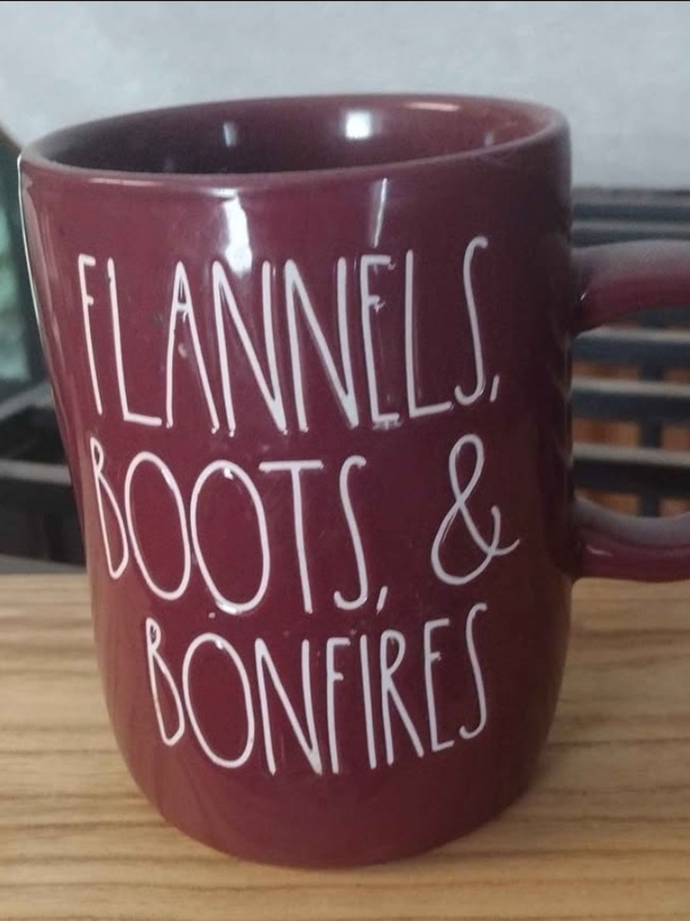 Rae Dunn Maroon Ceramic Mug with White Script - "Flannels, Boots & Bonfires"